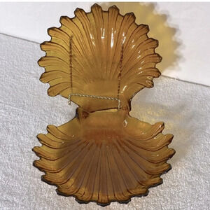 Vintage MCM  Amber Glass Shell Dishes x2